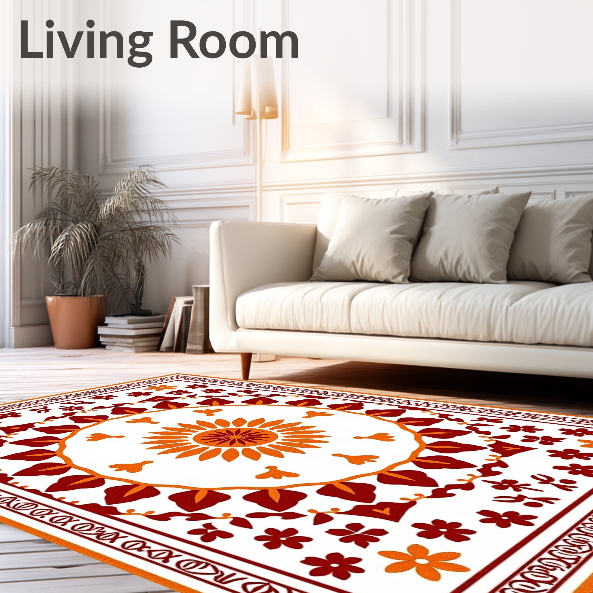 Crimson Orange Floral Medallion Border Rug