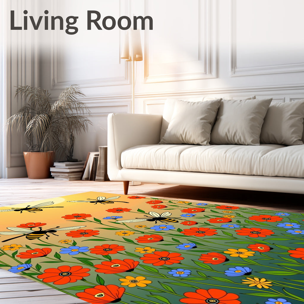 Happy Bees and Wildflowers Sunset Rug