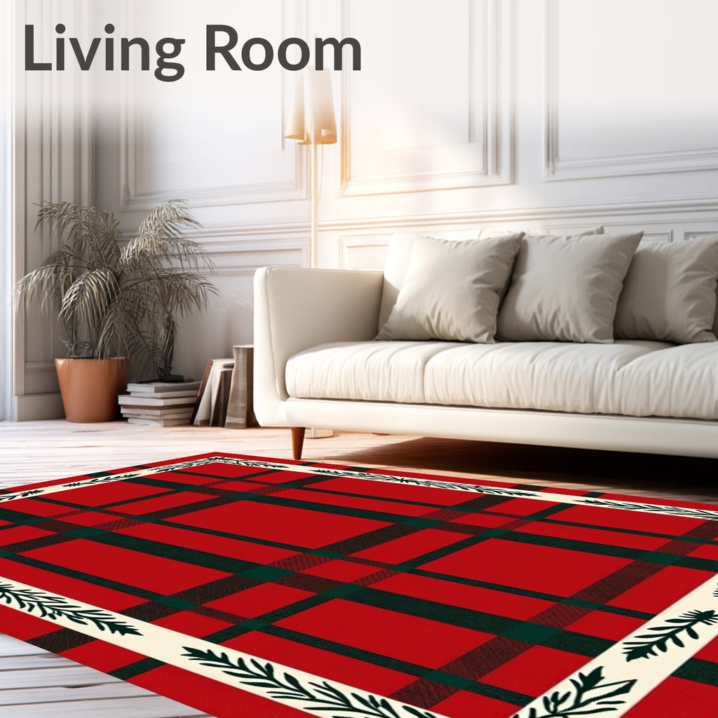 Red Forest Plaid Leaf Border Rug