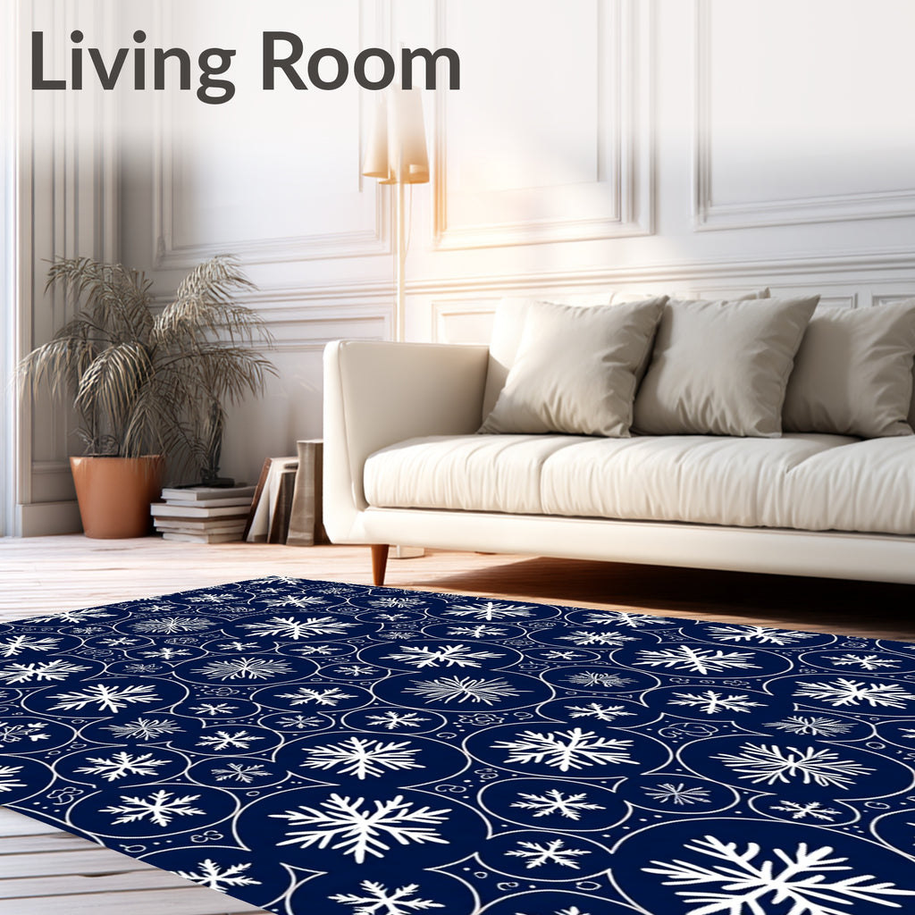 White Snowflake Circles on Navy Background Rug