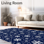 White Snowflake Circles on Navy Background Rug