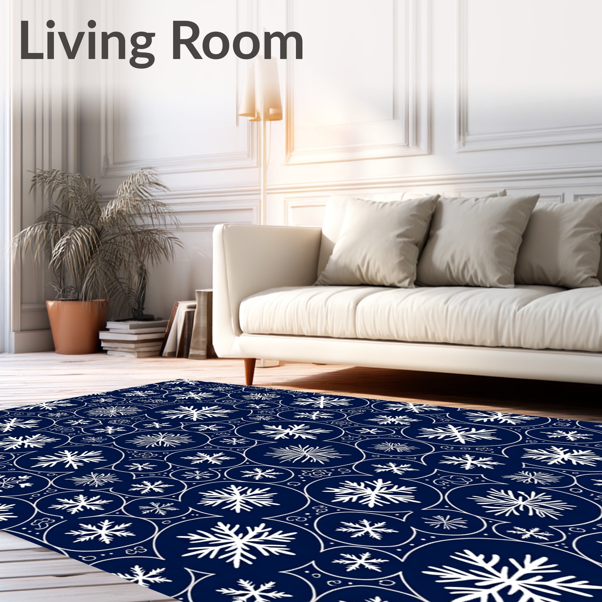 White Snowflake Circles on Navy Background Rug