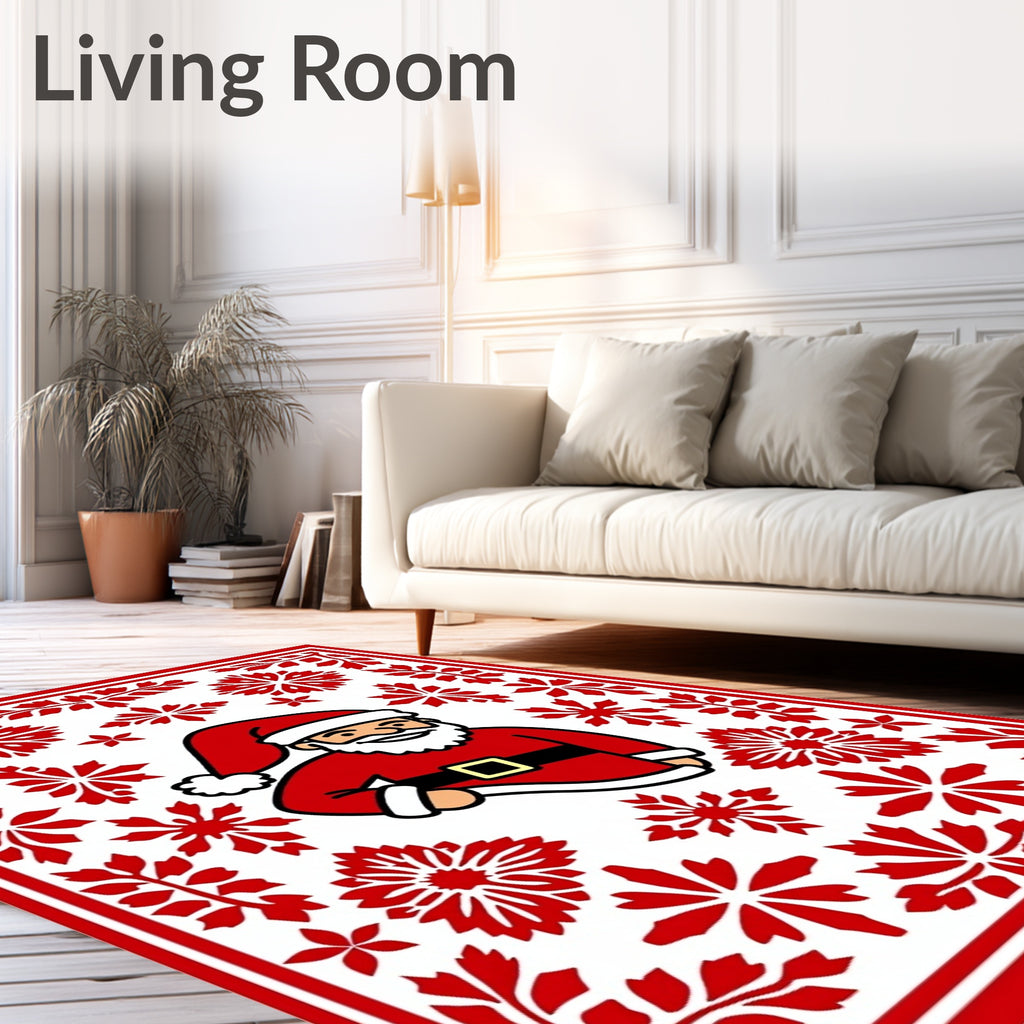 Red Holiday Christmas Santa Snowflakes Rug