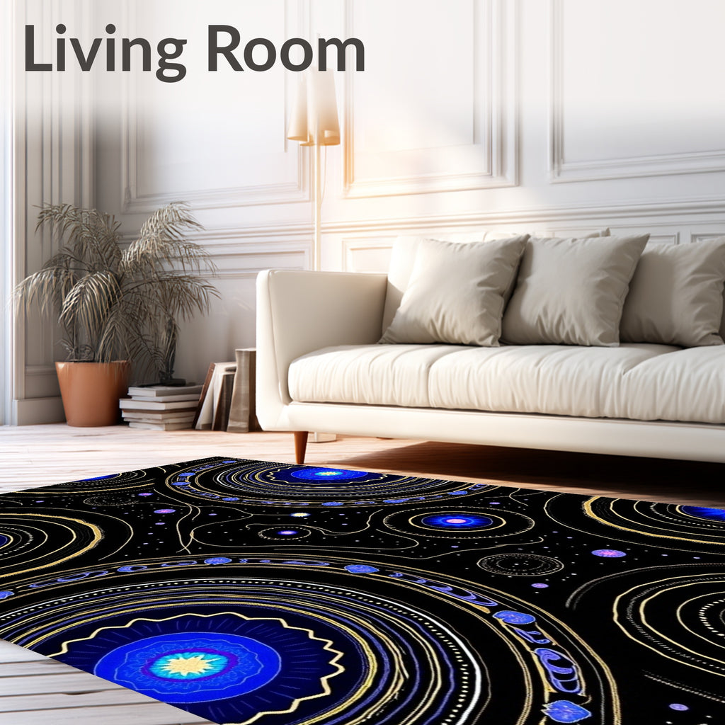 Cosmic Blue Golden Rings Celestial Rug