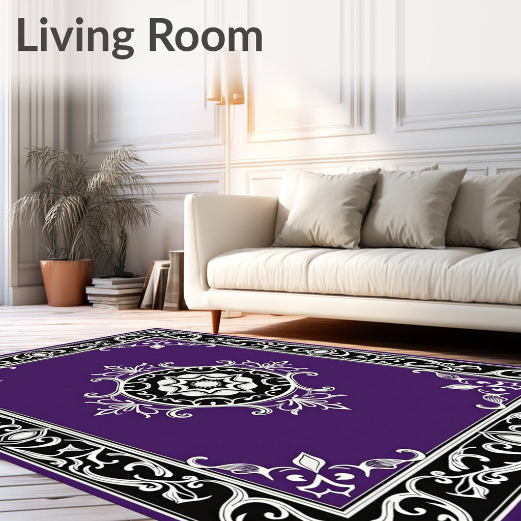 Ornate Purple Black White Medallion Rug