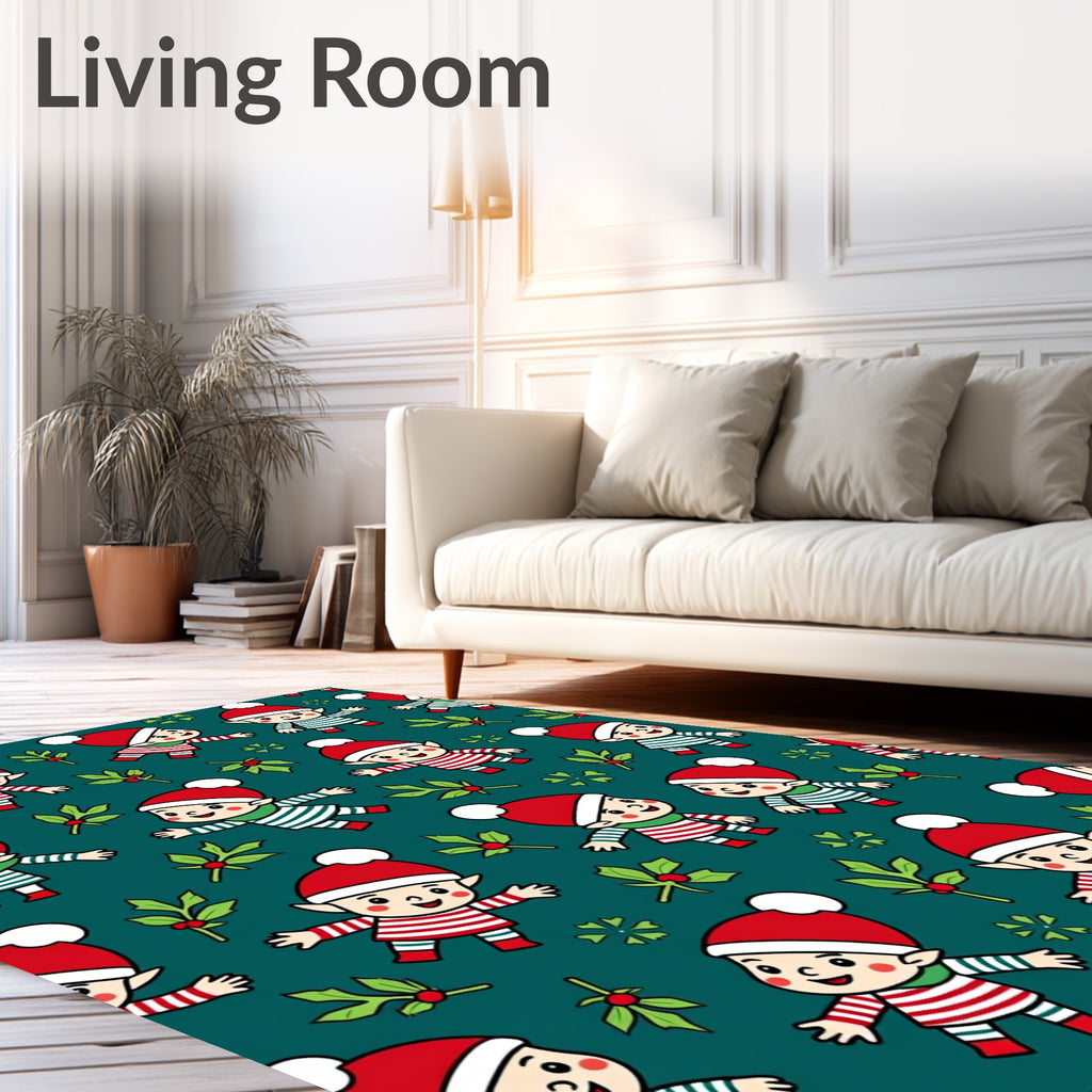 Christmas Elves Holly Botanical Teal Rug