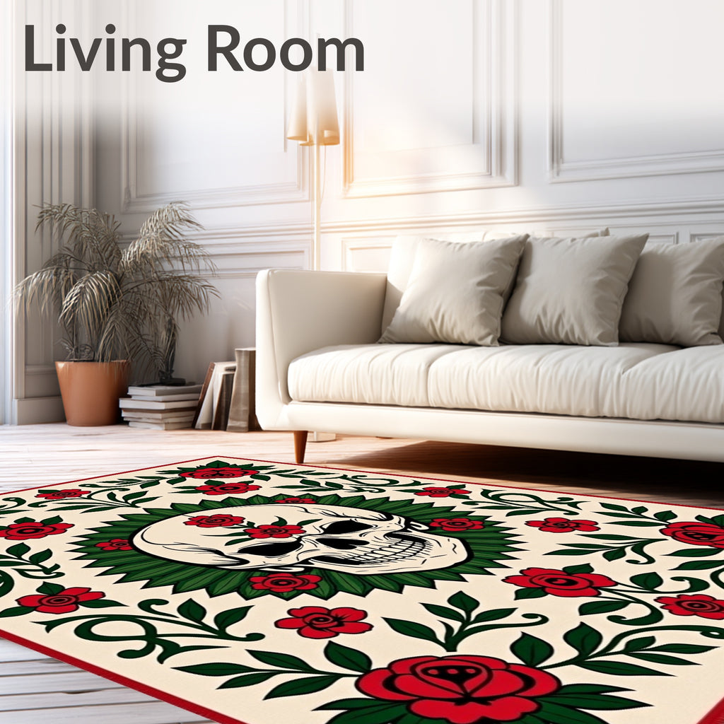 Red Rose Skull Tattoo Art Rug