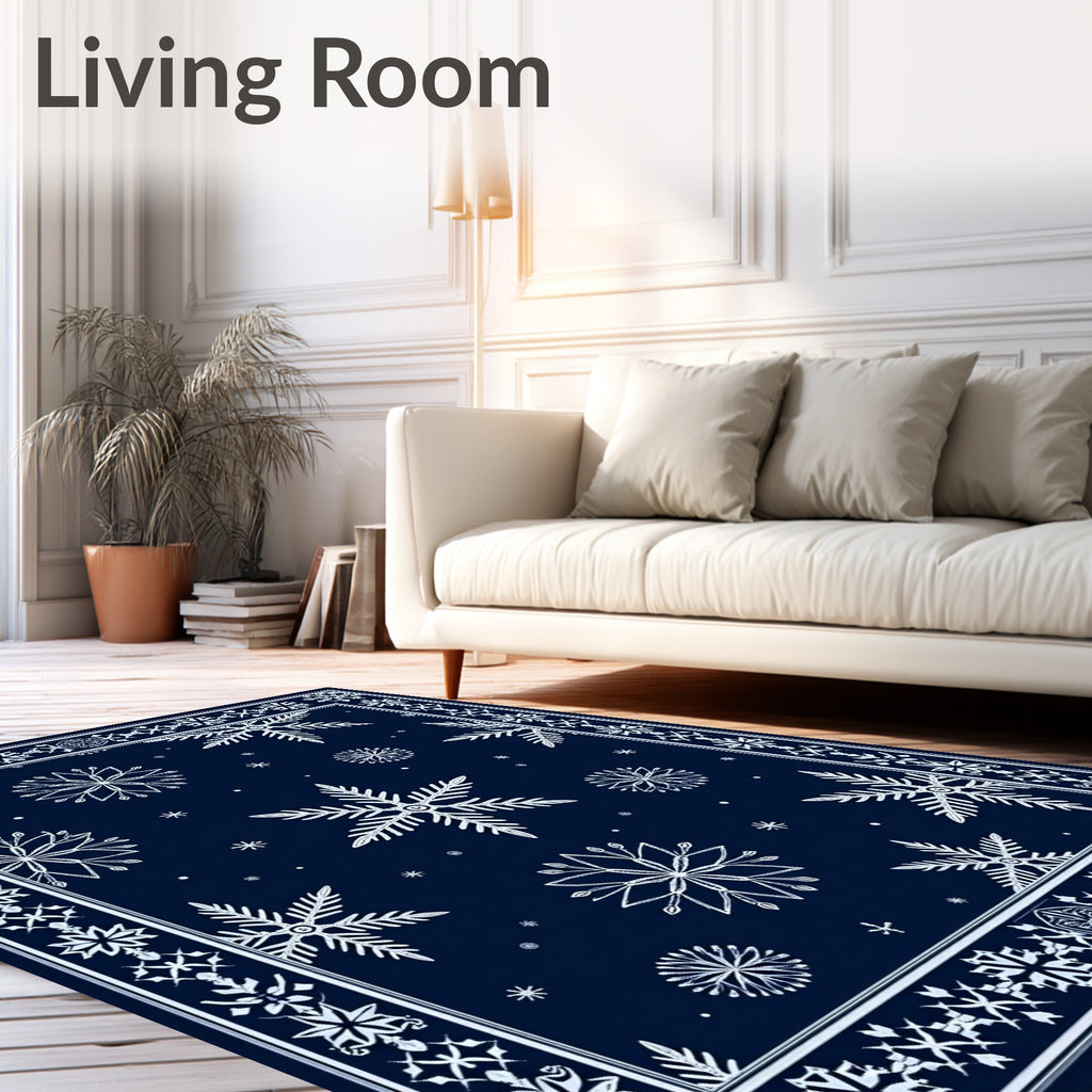 Navy White Snowflake Winter Border Rug