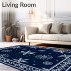 Navy White Snowflake Winter Border Rug
