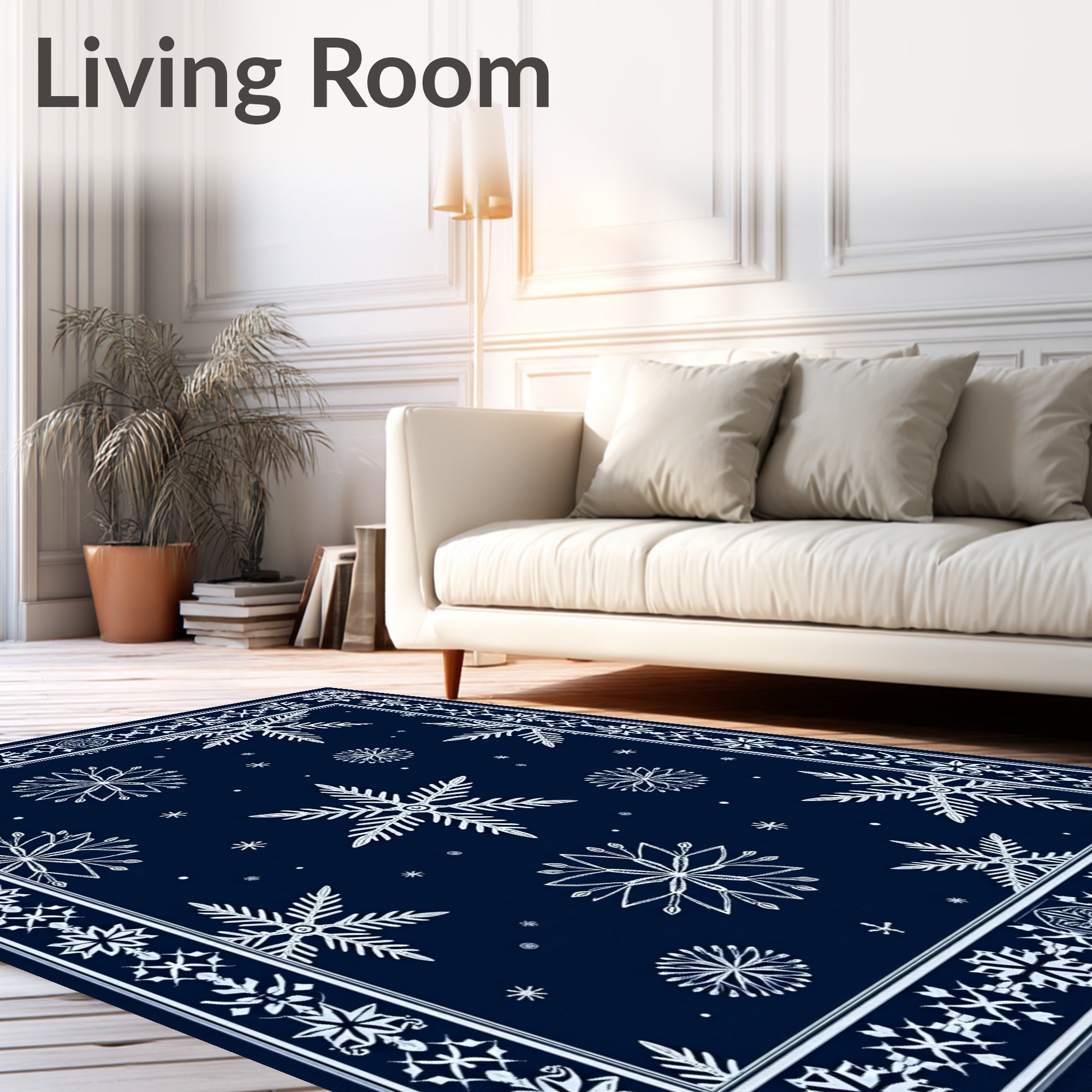 Navy White Snowflake Winter Border Rug