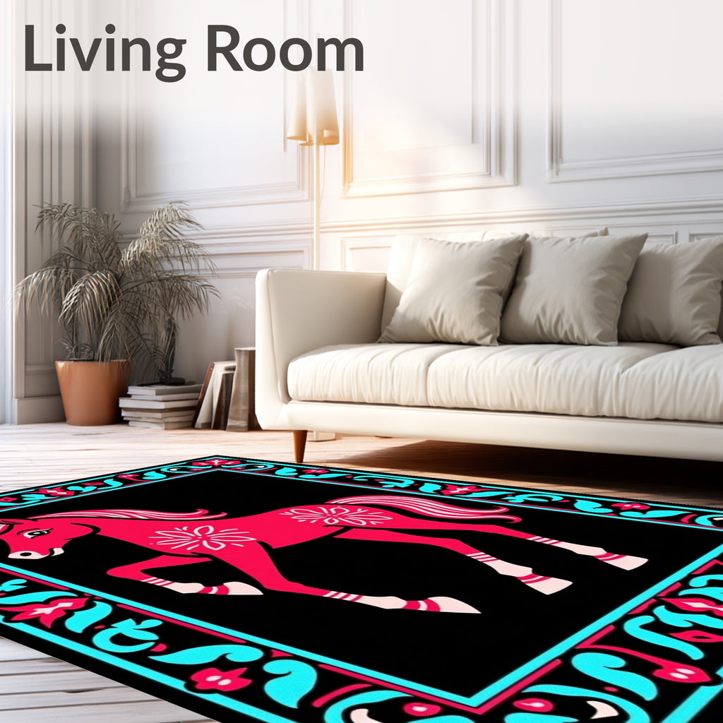 Bright Pink Horse Floral Border Rug