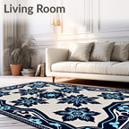 Dark Blue Floral Medallion Cream Rug