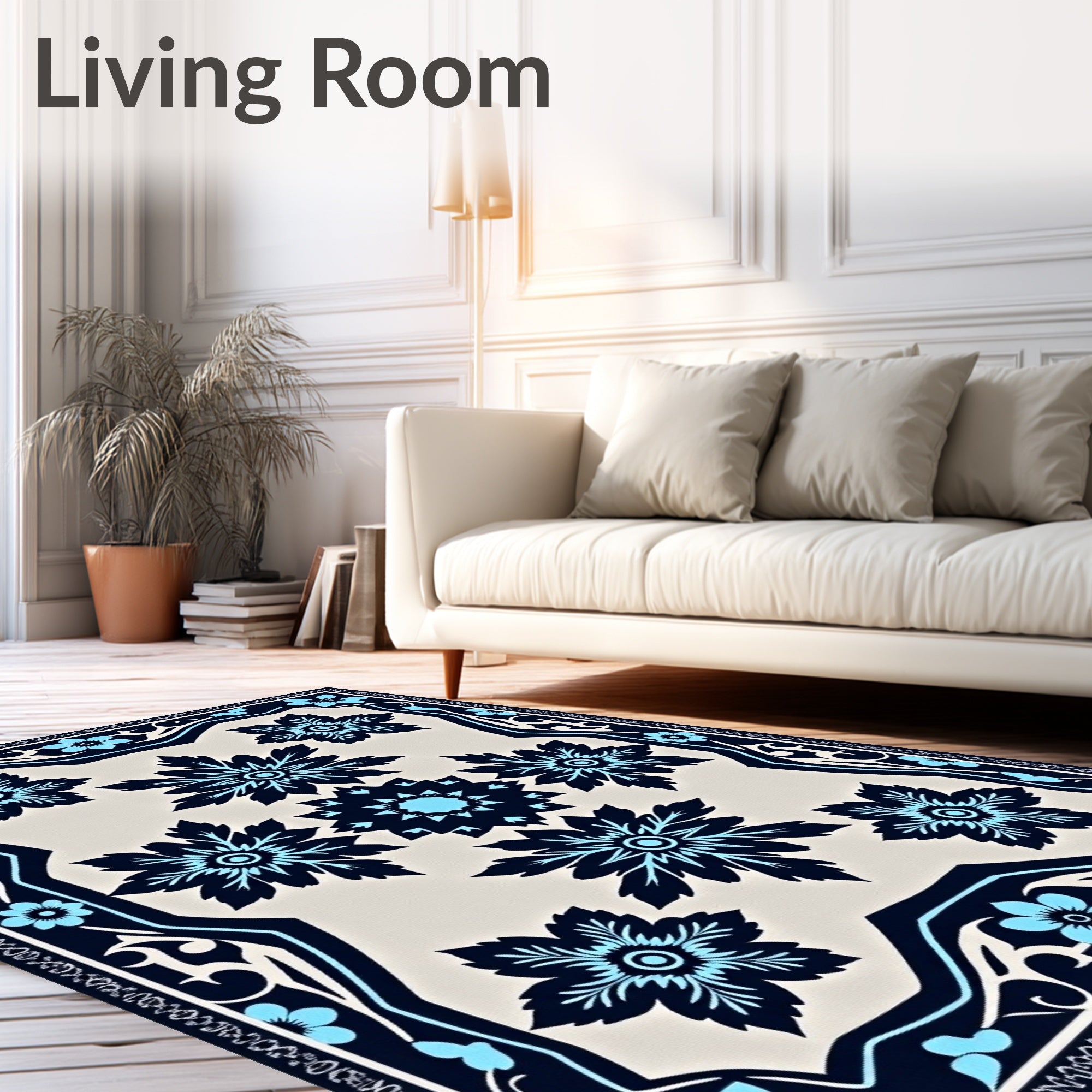 Dark Blue Floral Medallion Cream Rug