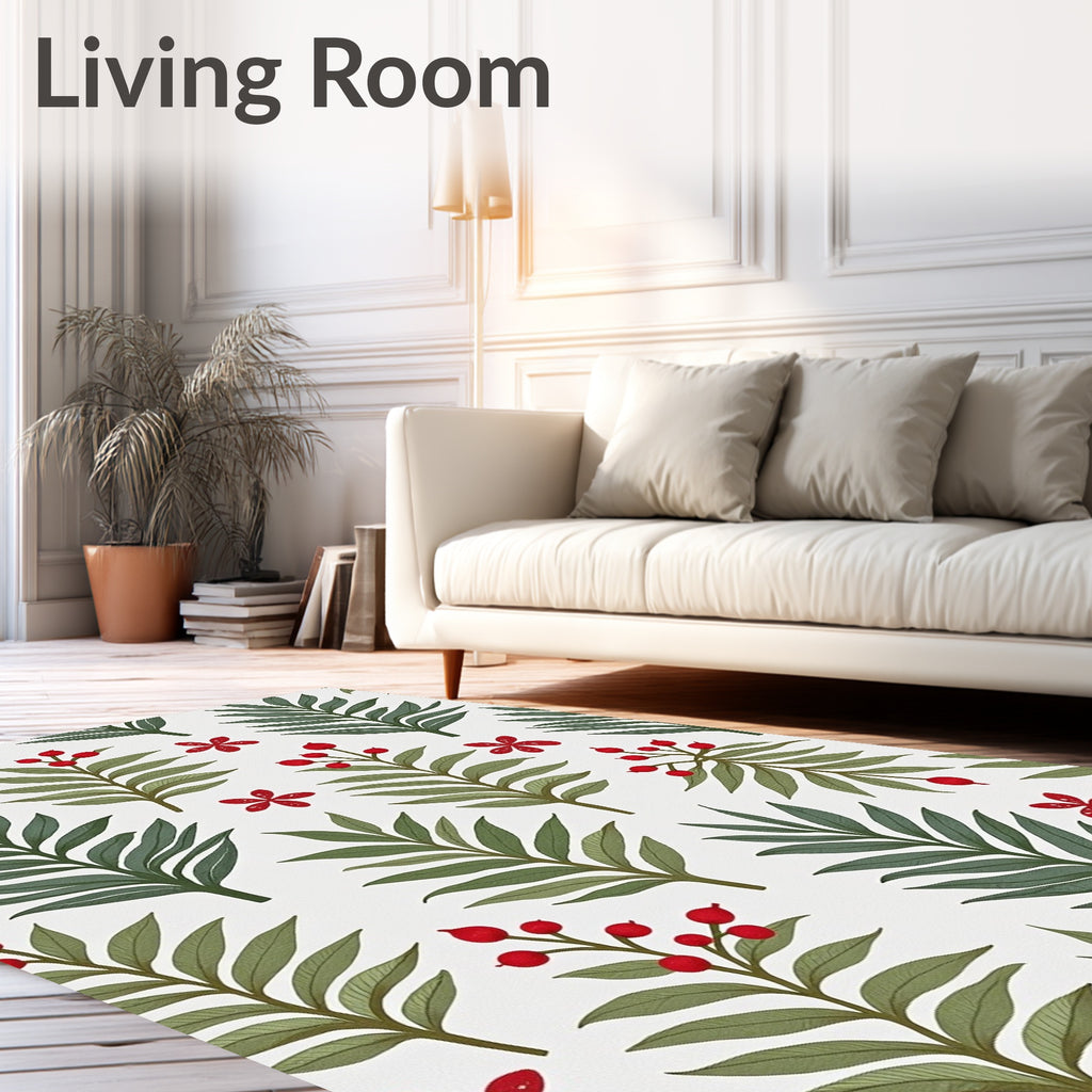 Green Leaf Red Berry Floral Cluster Rug