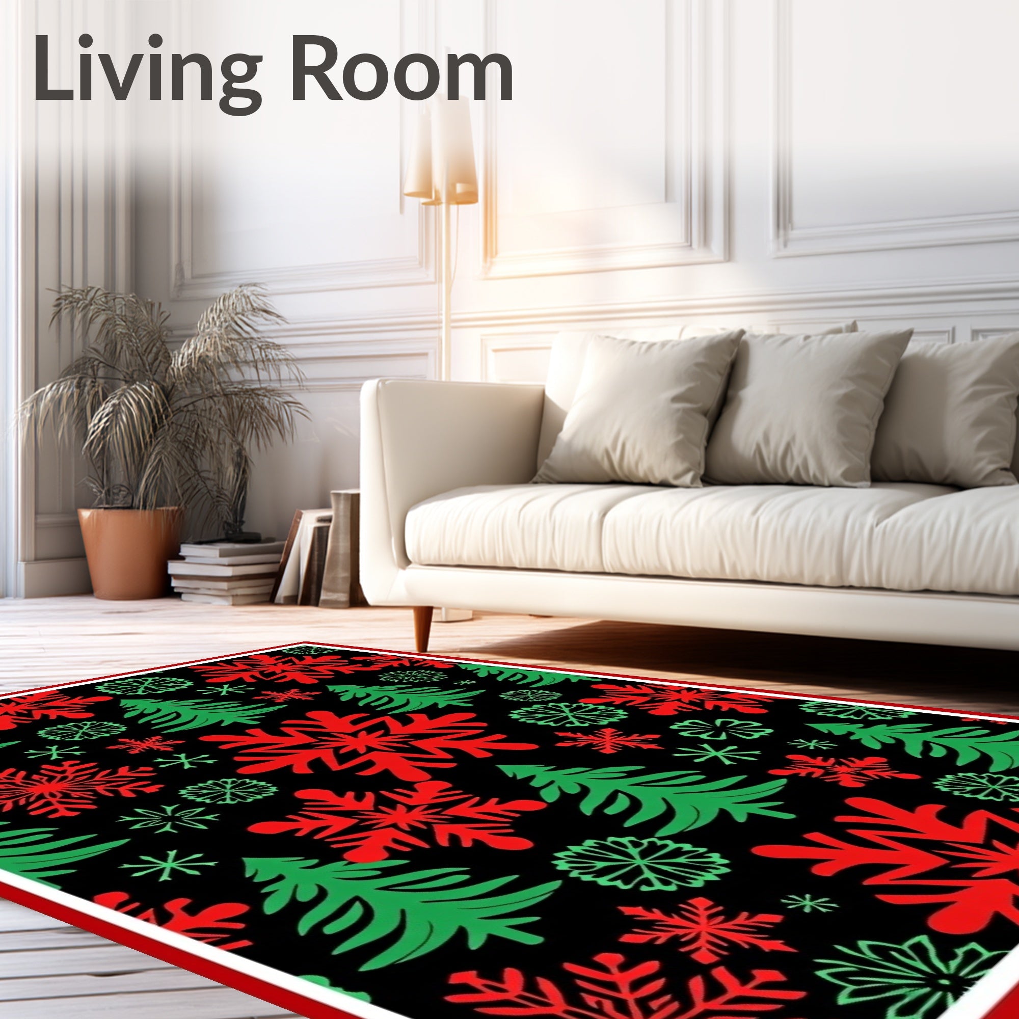 Festive Red Green Snowflake Pine Trees Rug