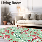 Whimsical Red Floral Green Folk Art Rug