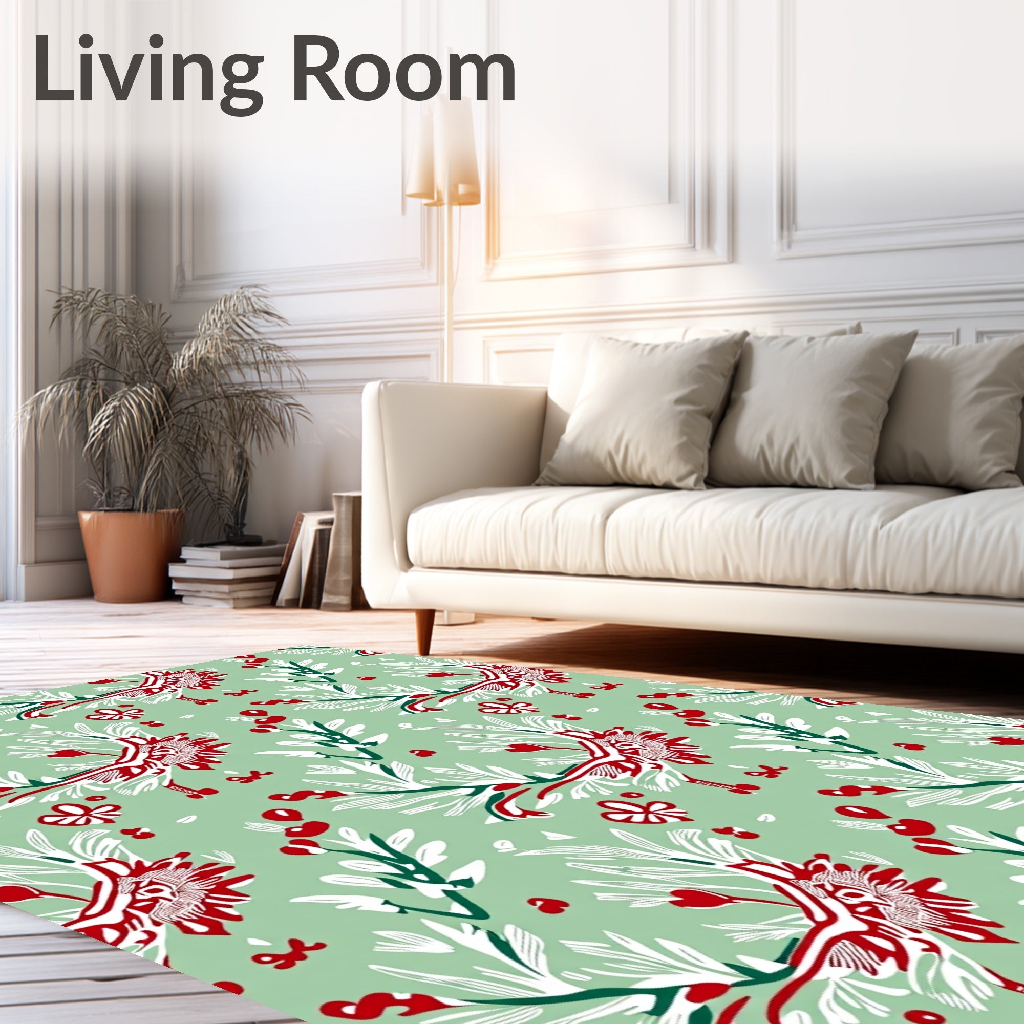 Whimsical Red Floral Green Folk Art Rug