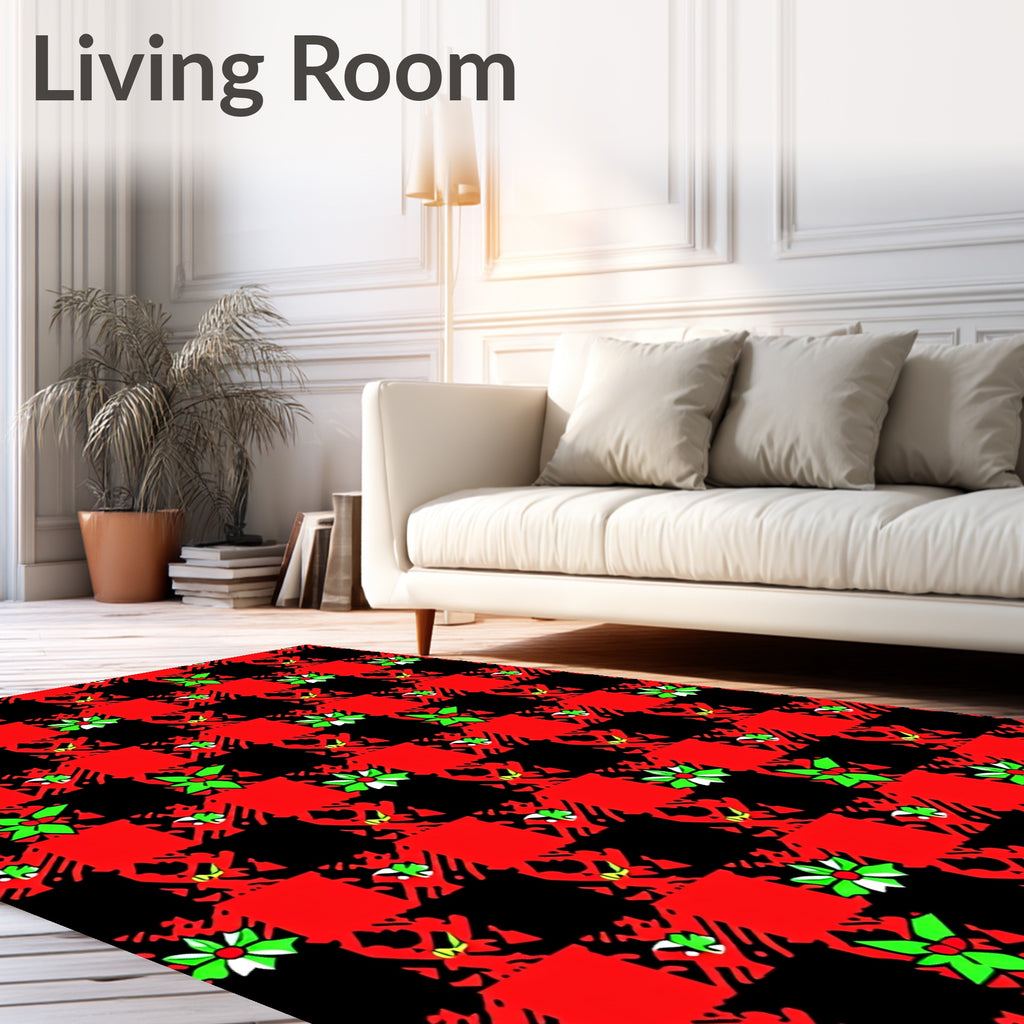 Red Black Plaid Holly Accents Rug
