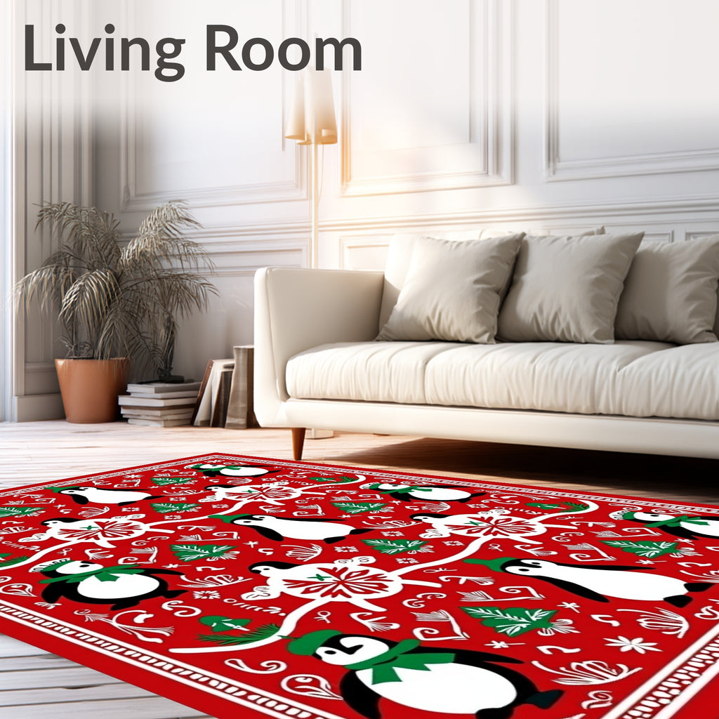 Red Penguin Christmas Whimsical Border Rug