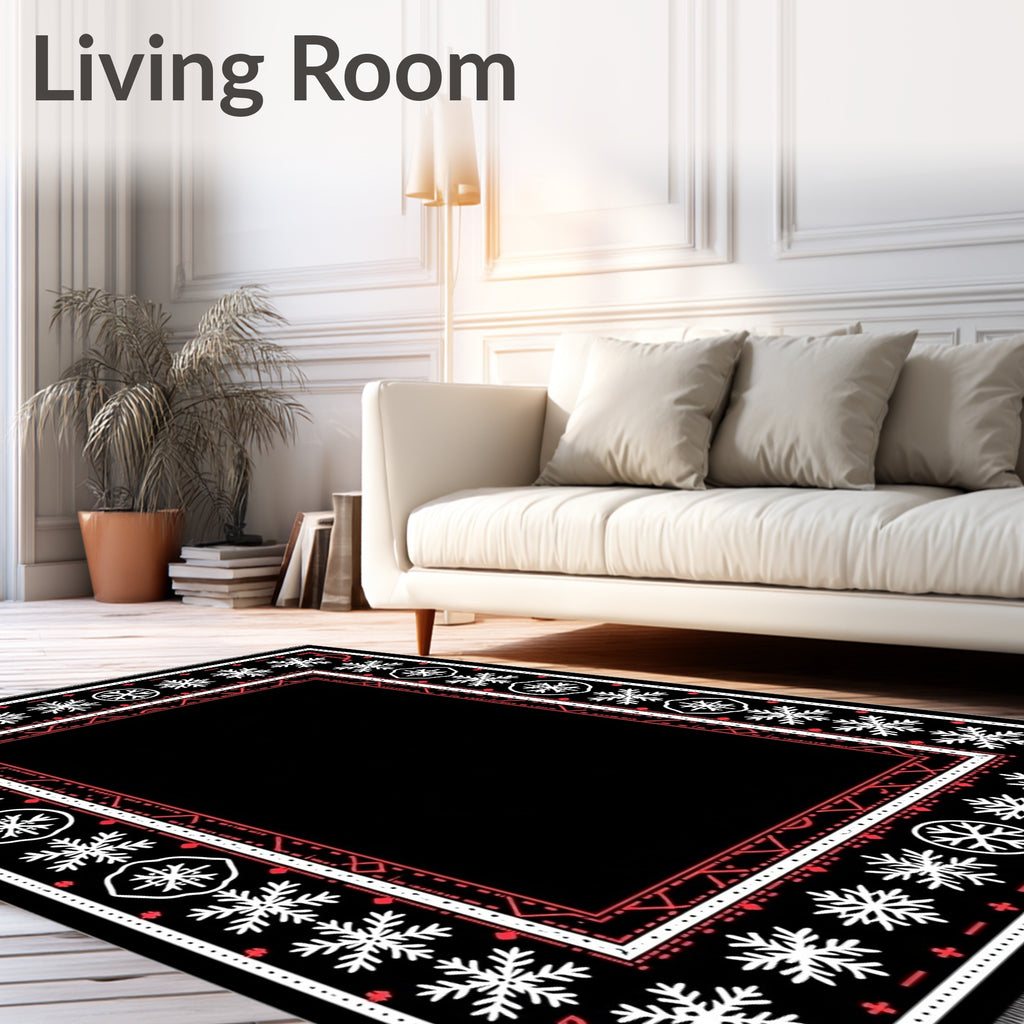 Bold Black Snowflake Geometric Border Rug