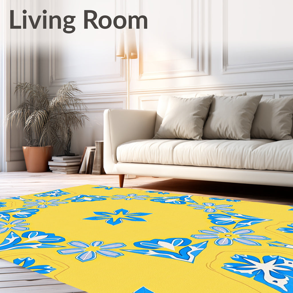 Bright Yellow Blue Floral Mandala Rug