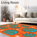 Teal Fern Snowflakes Orange Whimsy Rug