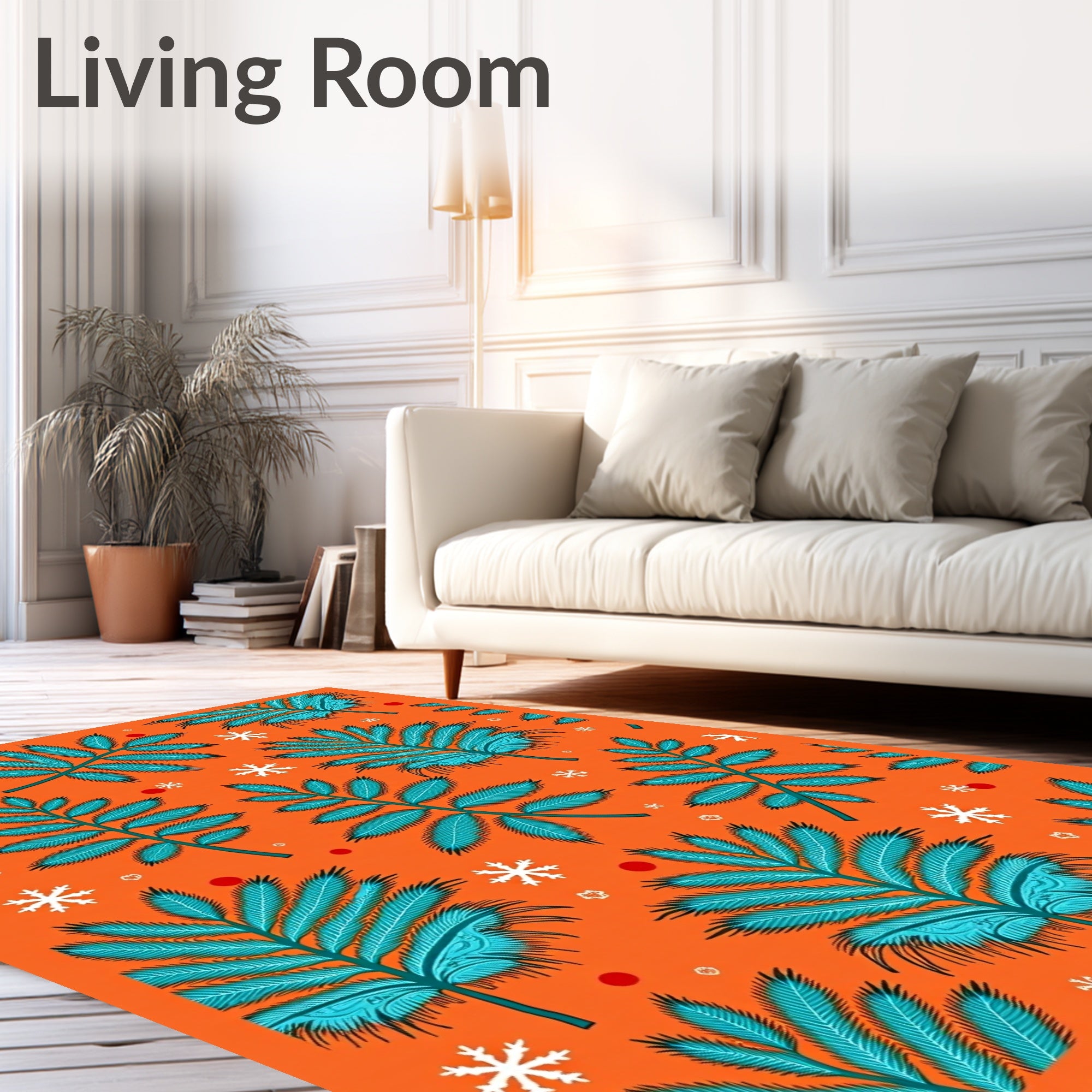 Teal Fern Snowflakes Orange Whimsy Rug