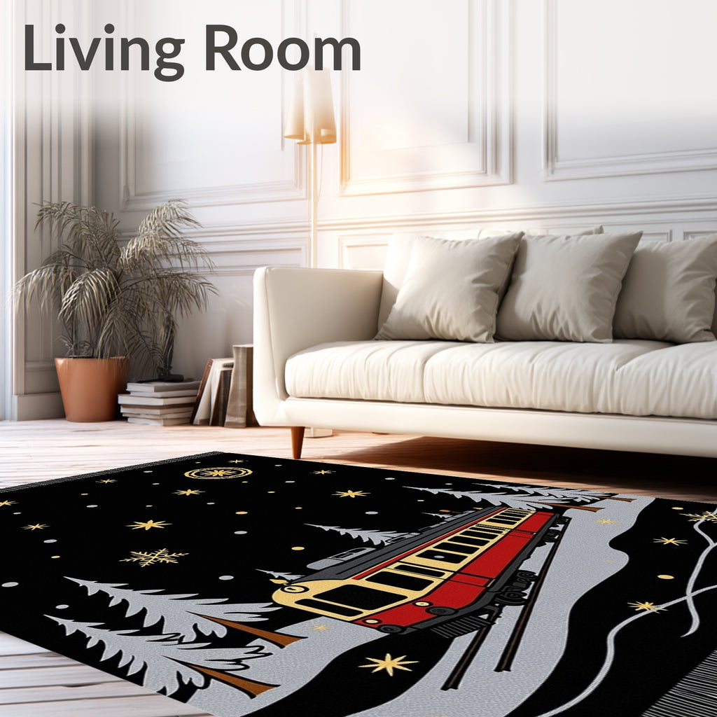 Vintage Red Train Snowy Night Rug