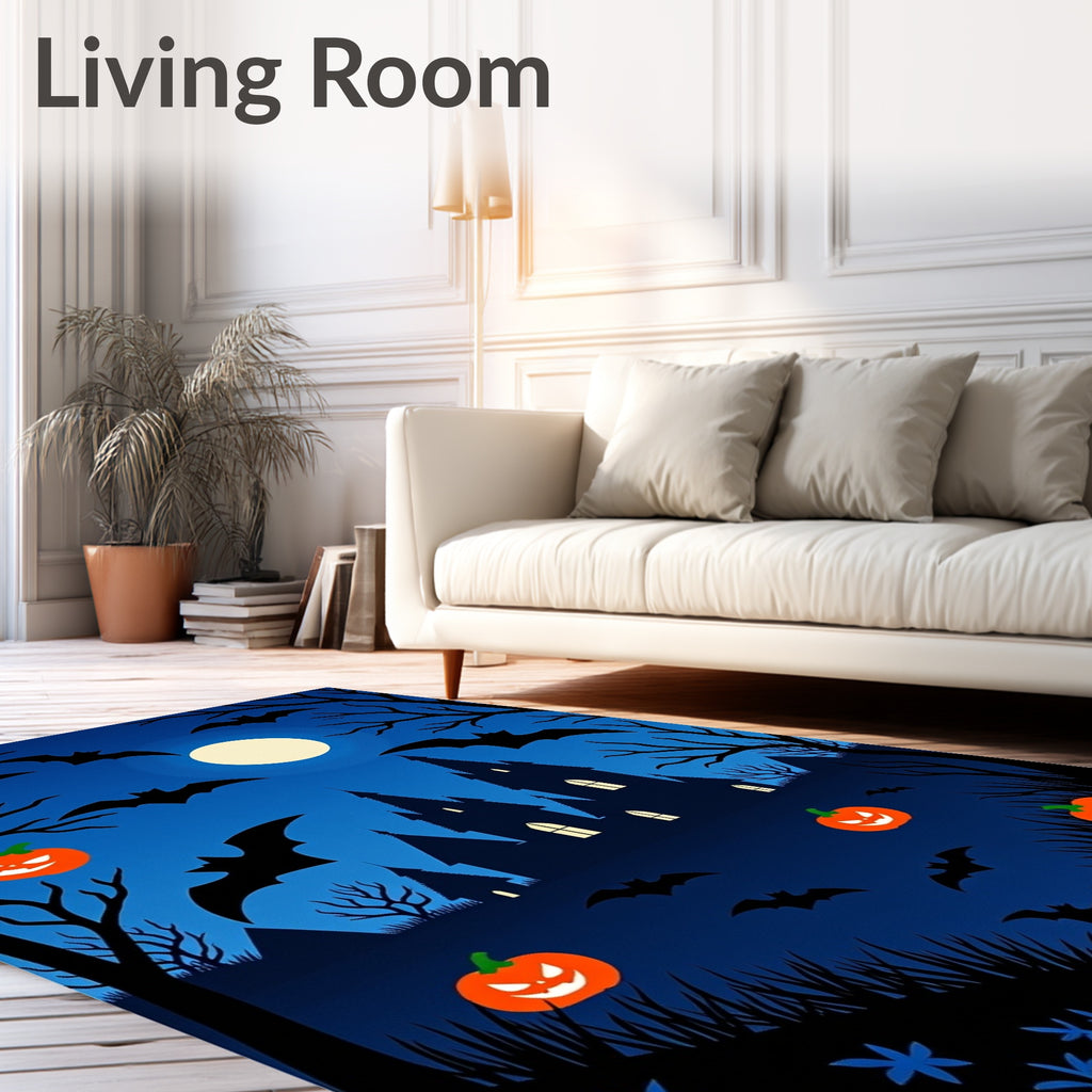 Spooky Haunted Castle Moonlit Bats Pumpkins Rug