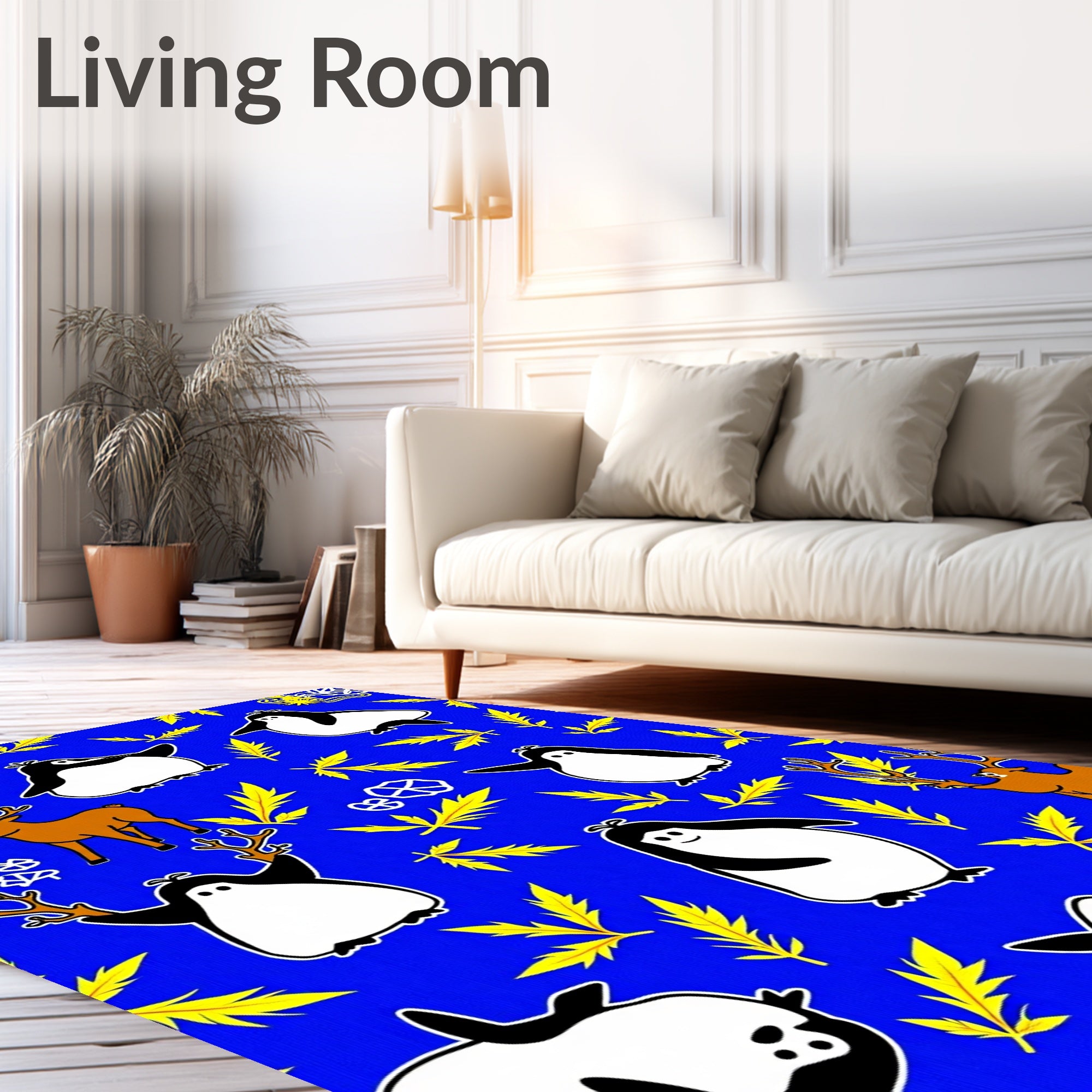 Playful Penguins And Deer Bright Yellow Leaves Rug