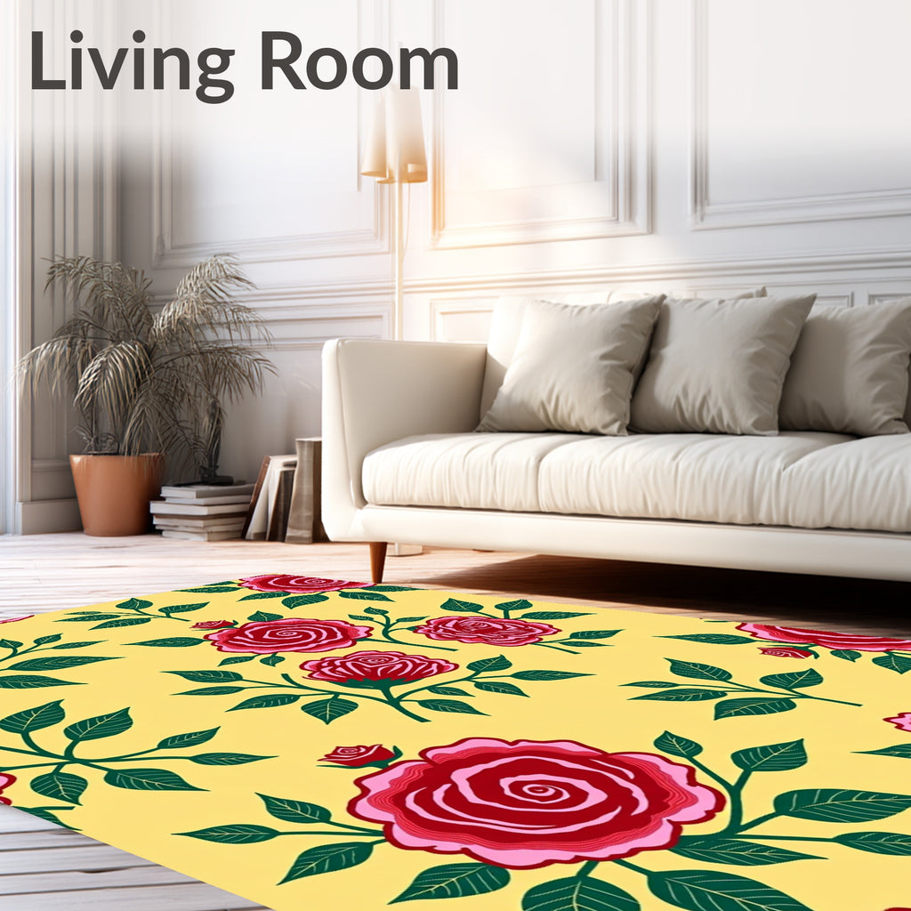 Crimson Rose Garland Yellow Background Rug