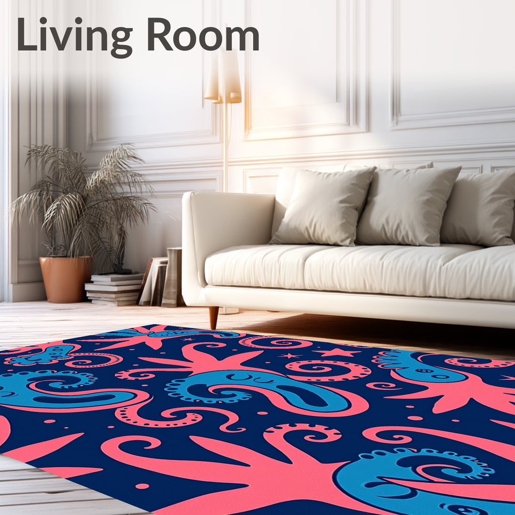Coral Blue Octopus Starfish Swirl Rug
