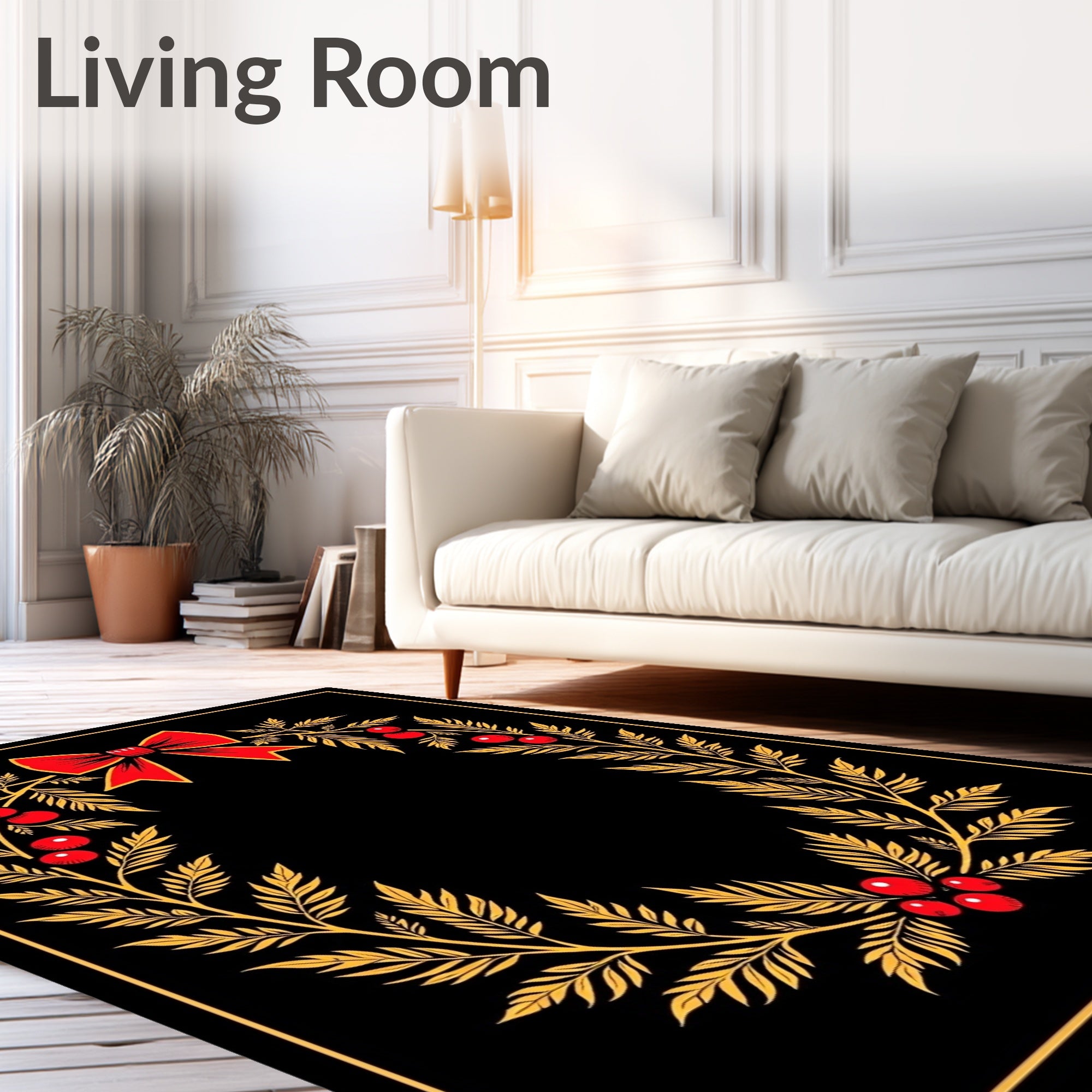 Golden Wreath Red Bow Oval Rug