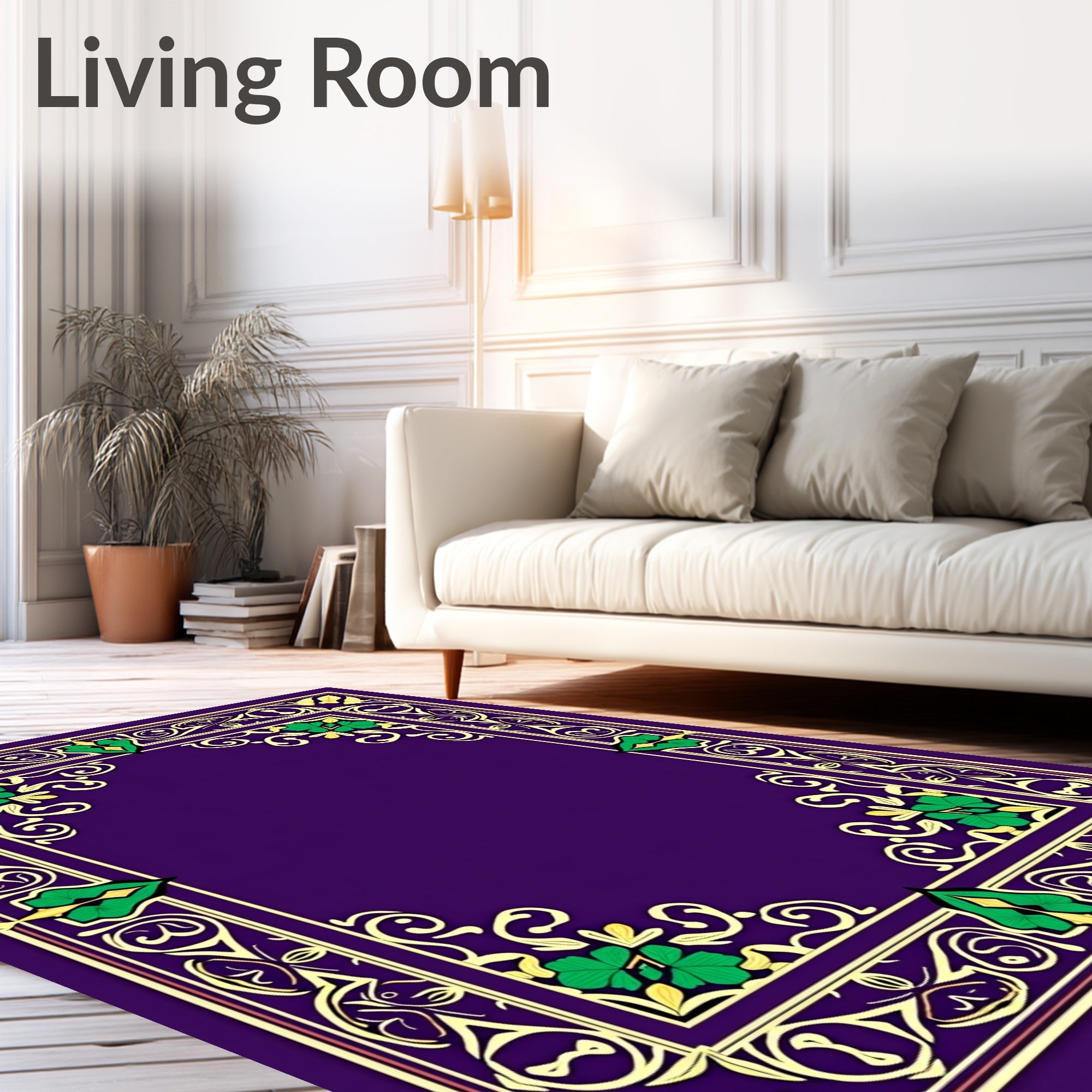 Regal Purple Gold Green Floral Border Rug