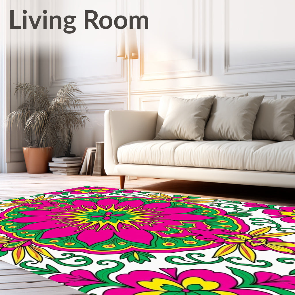 Vibrant Pink Green Yellow Floral Medallion Rug