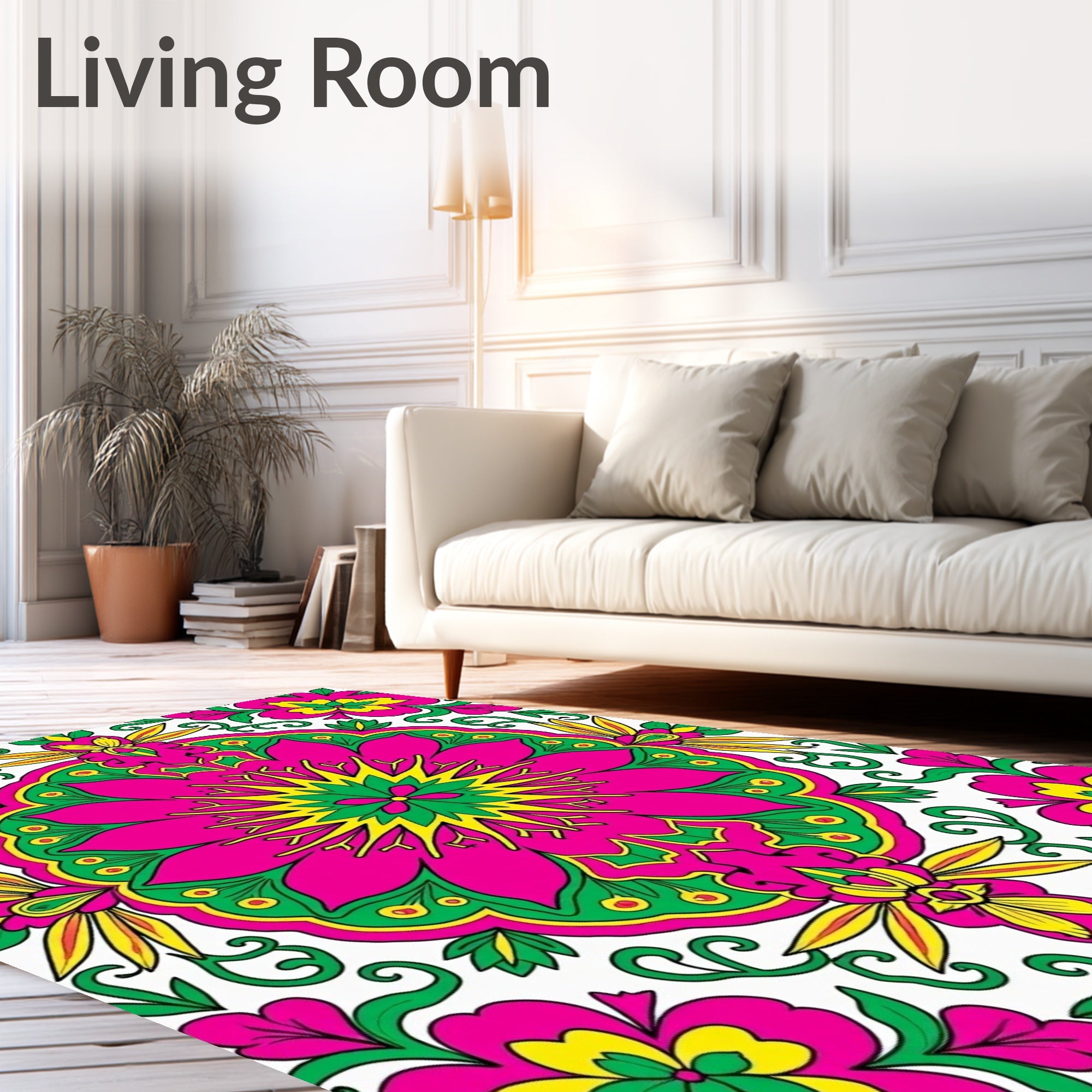 Vibrant Pink Green Yellow Floral Medallion Rug