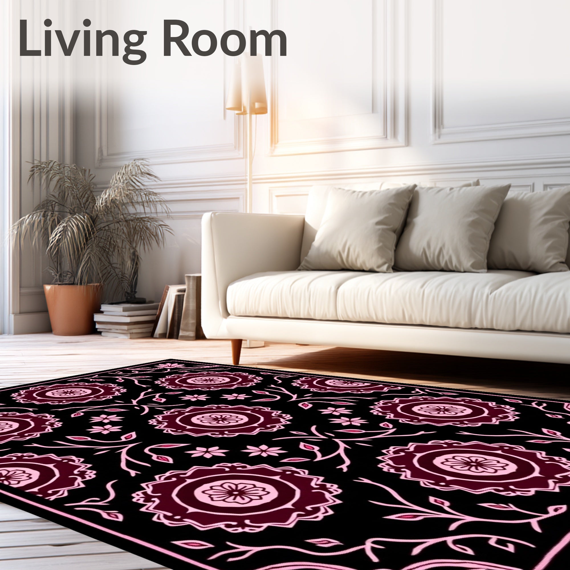 Dark Crimson Pink Floral Medallion Rug