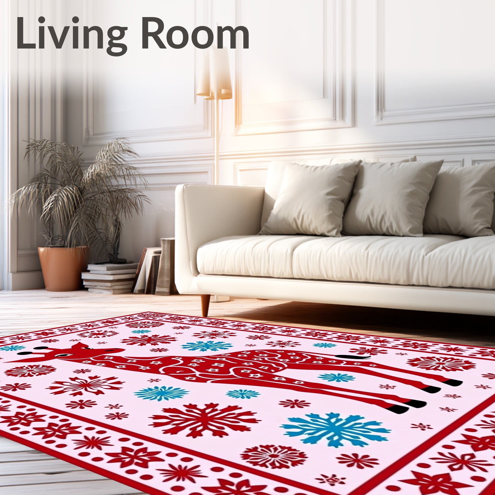 Red Giraffe with Snowflakes Border Rug