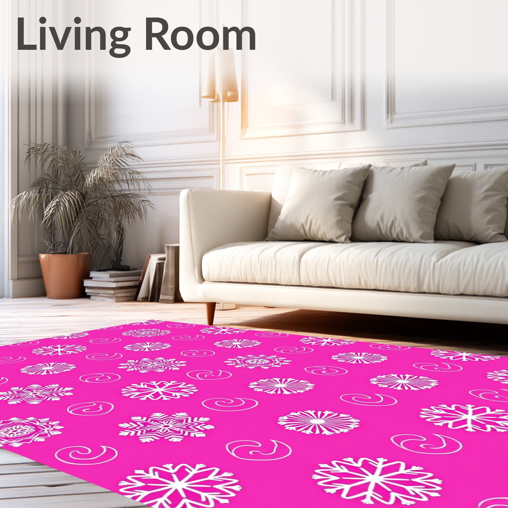 White Snowflake Swirl Pink Field Rug