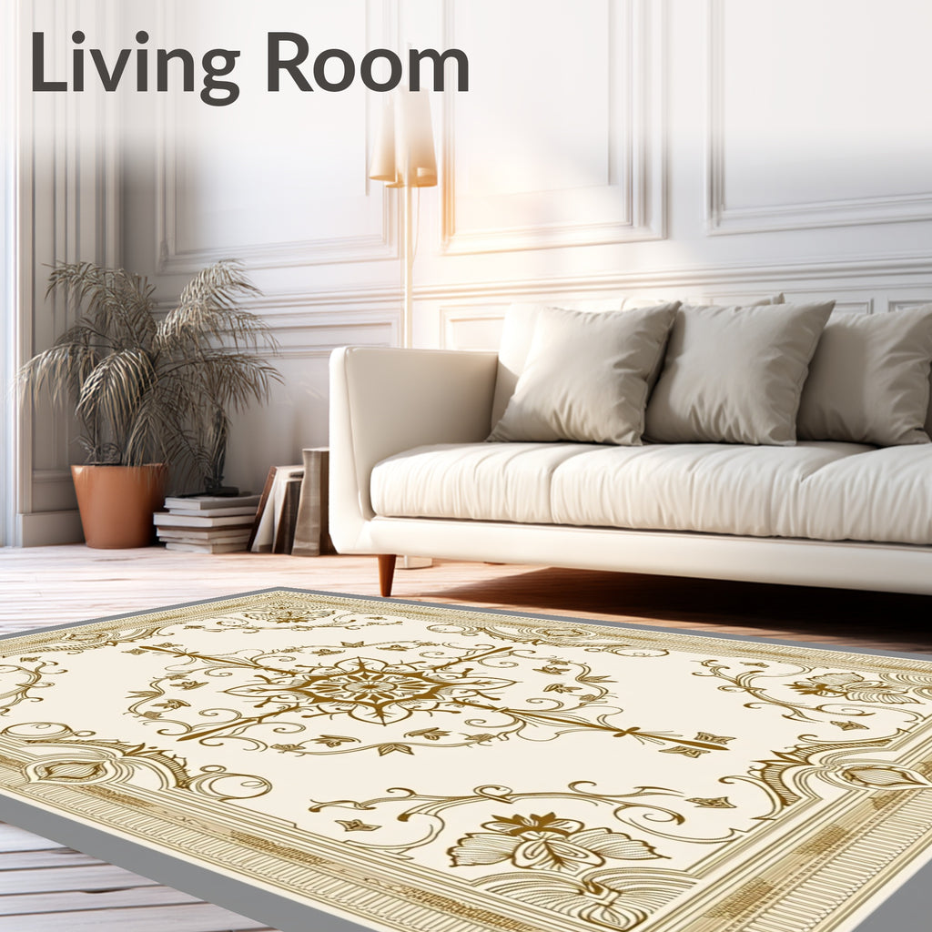 Ornate Gold Floral Medallion Border Rug