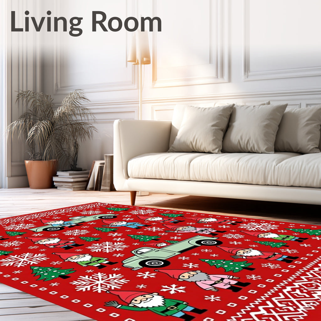 Christmas Red Gnome Truck Snowflake Trees Rug