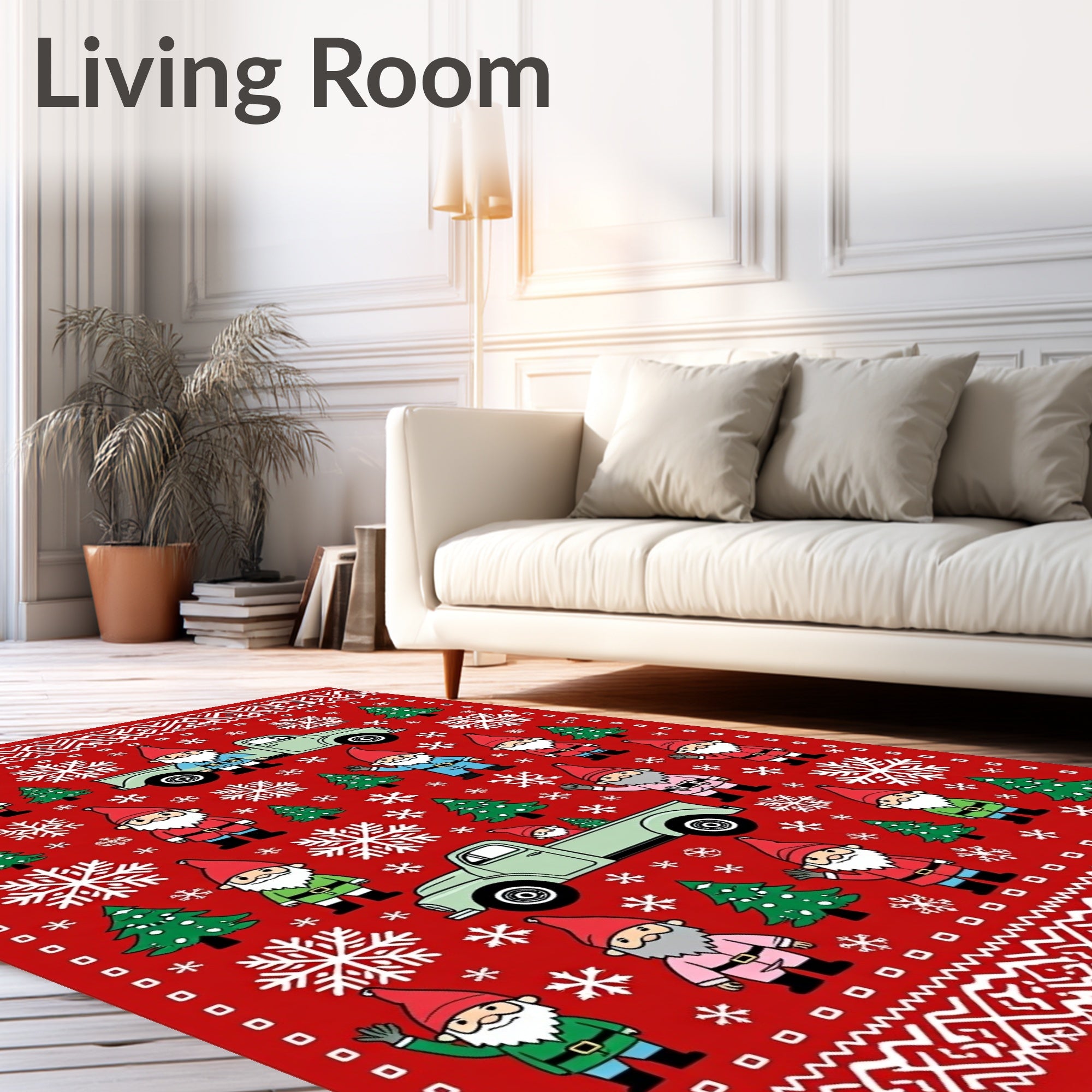 Christmas Red Gnome Truck Snowflake Trees Rug