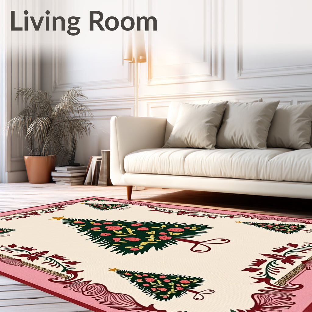 Festive Pine Trees Floral Border Rug