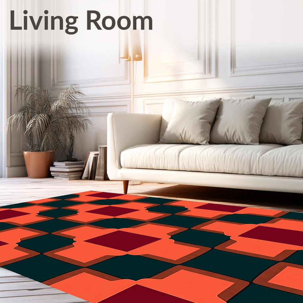 Orange Red Maroon Geometric Tiles Rug