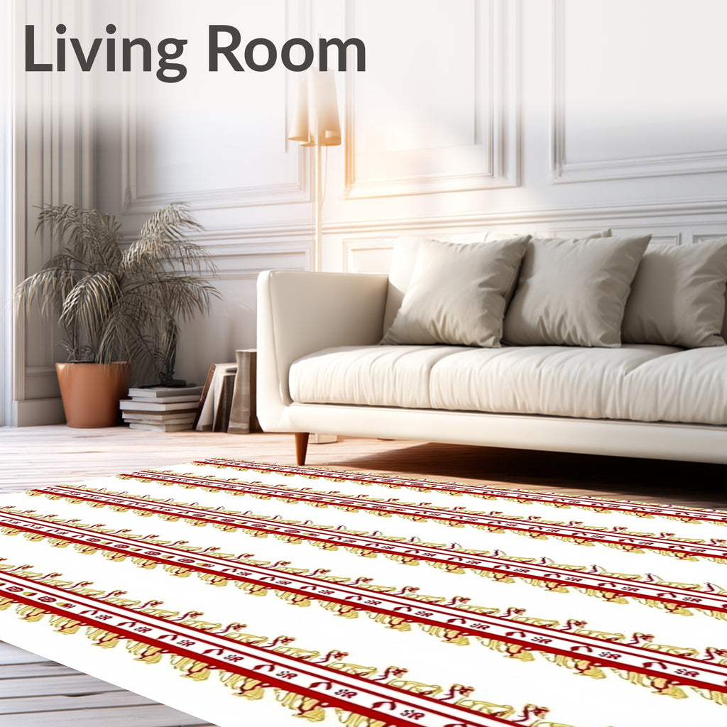 Red Golden Bordered Vertical Stripe Rug