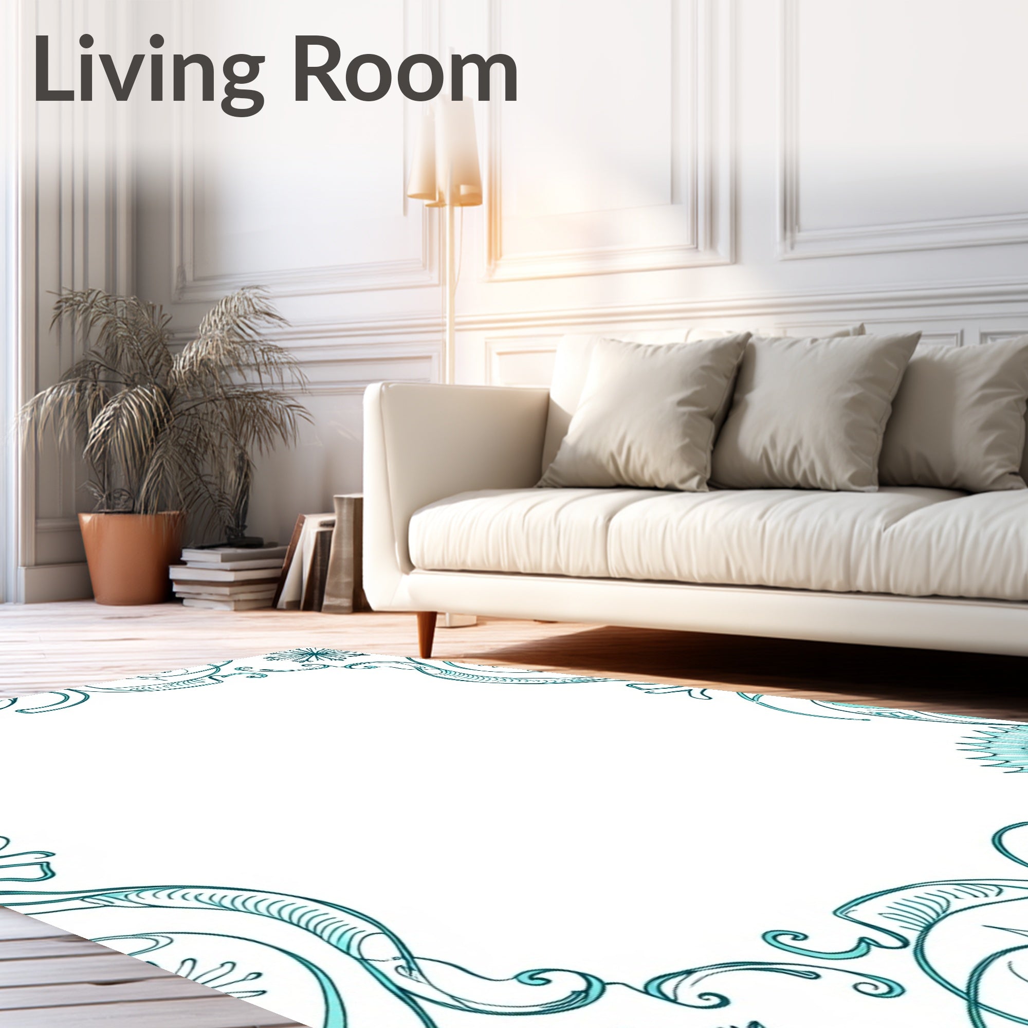 Teal Art Nouveau Floral Border Rug