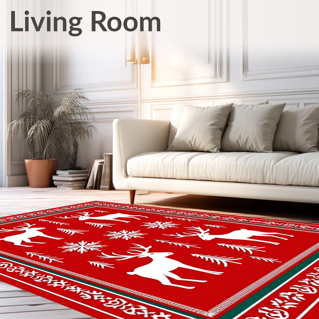 Bold Red Snow Reindeer Forest Rug