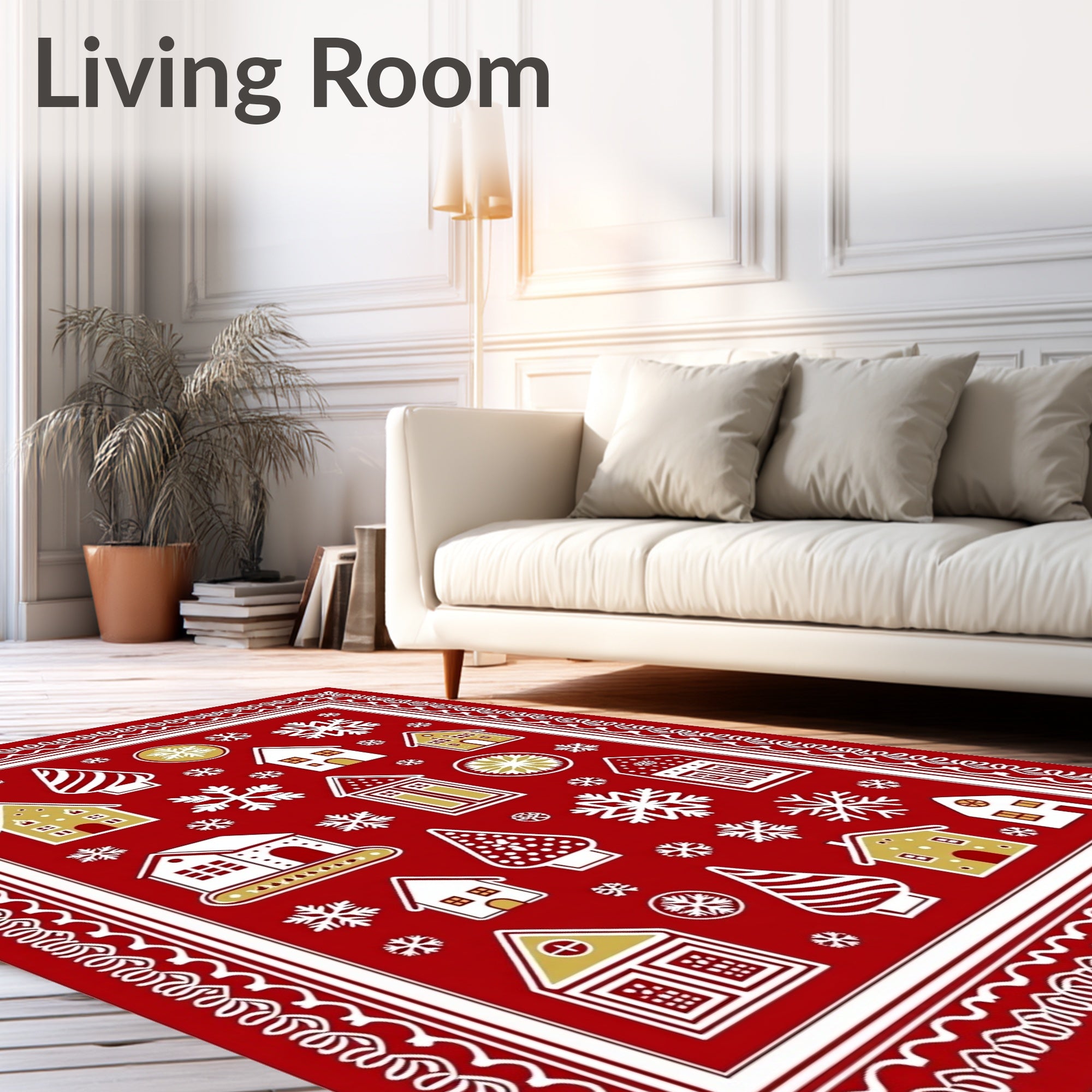 Festive Red Gingerbread Village Snowflakes Rug