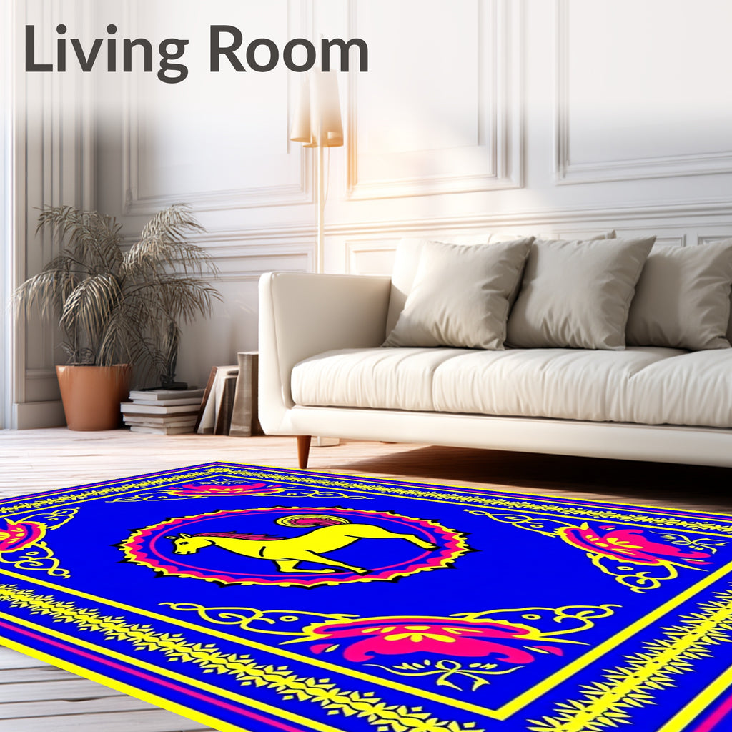 Vibrant Yellow Horse Blue Medallion Rug