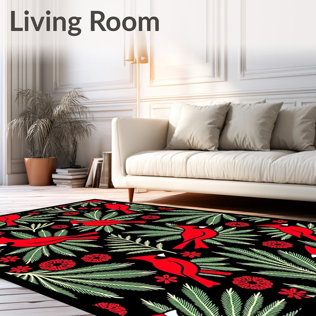 Red Cardinal Green Fern Black Background Rug